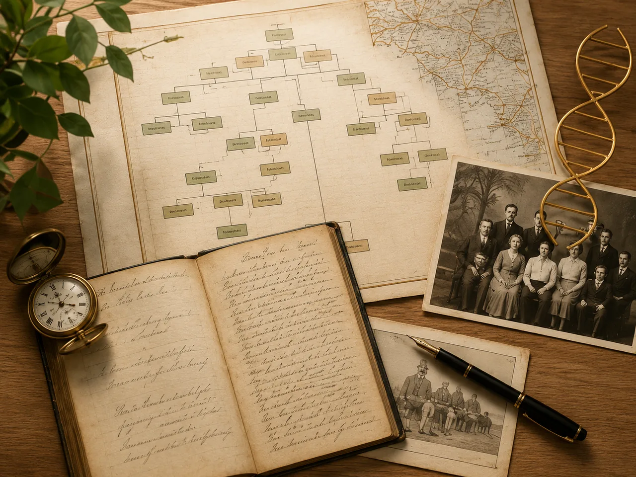 Genealogisch onderzoek met stamboom, historische documenten en familiebeelden